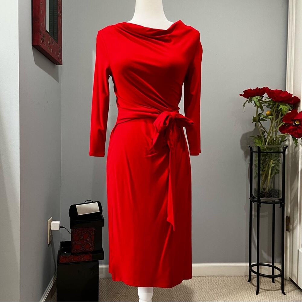 NEW Ann Taylor Classic Fitted Belted Draped Stretch City Midi Dress Red XXS NWT